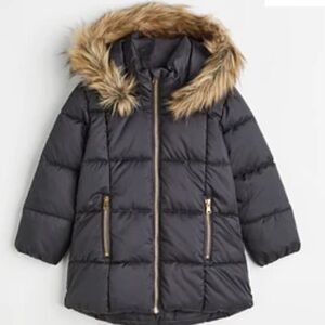 H&M Charcoal Puffer Jacket with Faux Fur Trim